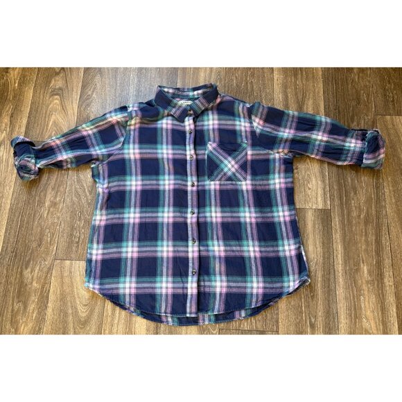 Magellan Button Down Flannel Shirt Women 1X Classic Fit Blue Pink Plaid Cotton - Picture 1 of 7